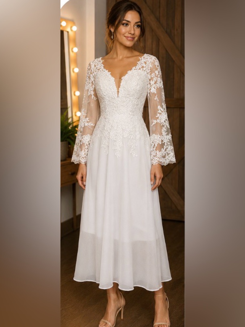 Lavetir White Lace Maxi Dress Sheer Sleeve Formal Gown*** AS IS ***Small